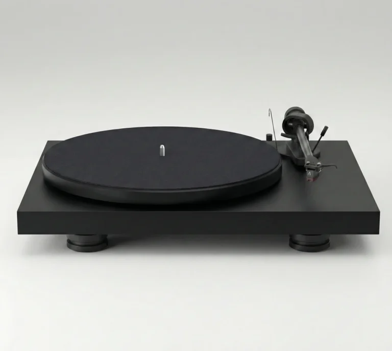 Platine vinyle Pro-Ject Debut Carbon EVO noire audiophile en vue de trois quarts avec bras en fibre de carbone et cellule Ortofon 2M Red