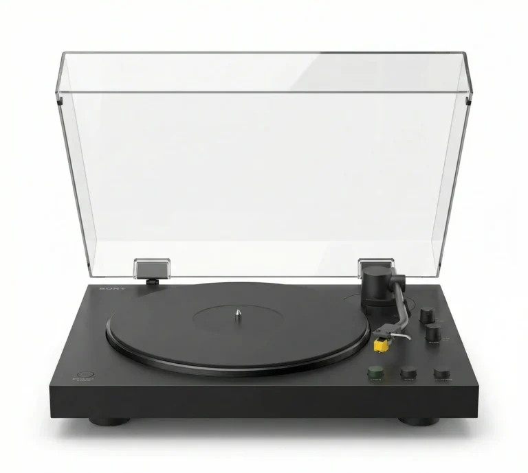 Platine vinyle Bluetooth Sony PS-LX5BT noire automatique en vue de face avec capot anti-poussière relevé et cellule montée