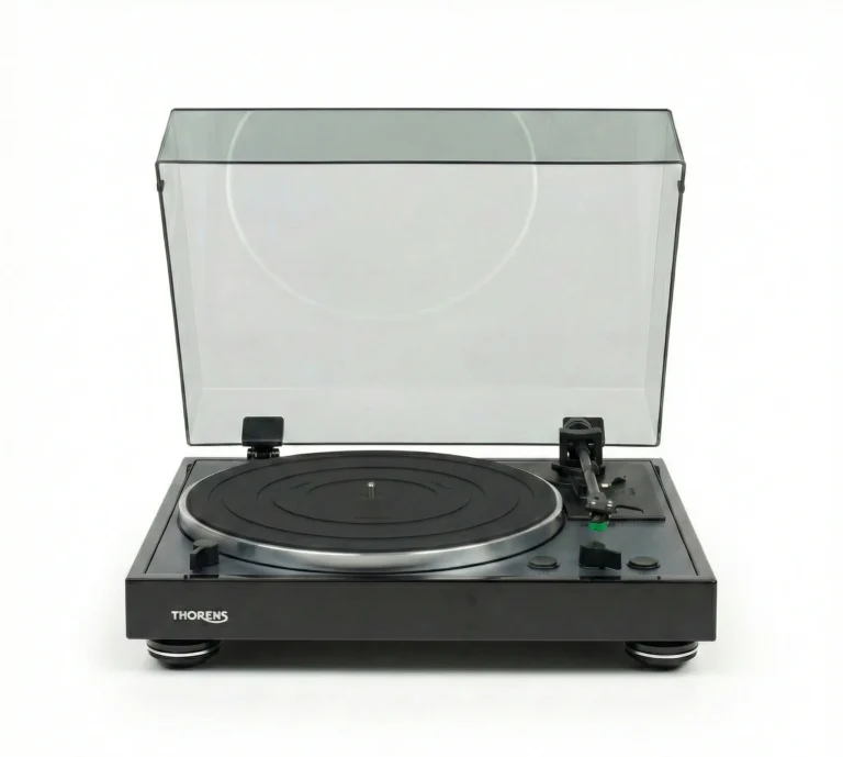 Tourne-disque Thorens TD 102 A noire laqué avec capot anti-poussière relevé en vue frontale studio