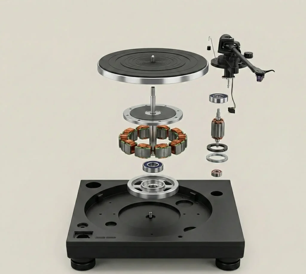 Vue éclatée d'un moteur à entraînement direct de platine vinyle — axe du plateau directement couplé au moteur