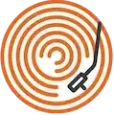 Logo rond Monsieur Platine orange représentant un disque vinyle stylisé et un bras de lecture