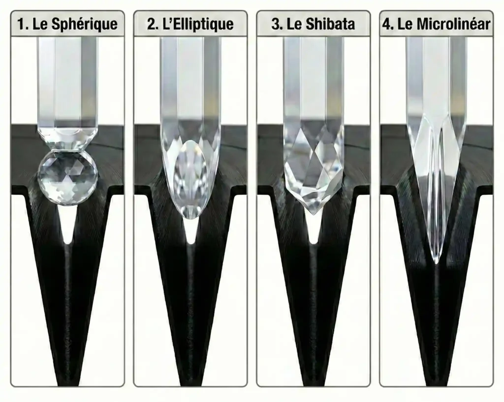 Géométries des diamants de platine vinyle : comparatif sphérique, elliptique, Shibata, MicroLinear