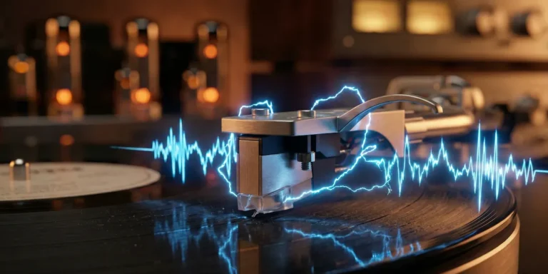 Illustration d'une cellule phono sur platine vinyle avec effets électriques bleus symbolisant un bourdonnement