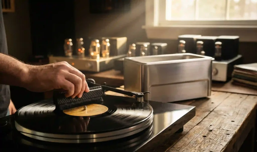 Nettoyage d'un disque vinyle à la brosse en fibre de carbone avec machine de nettoyage en arrière-plan