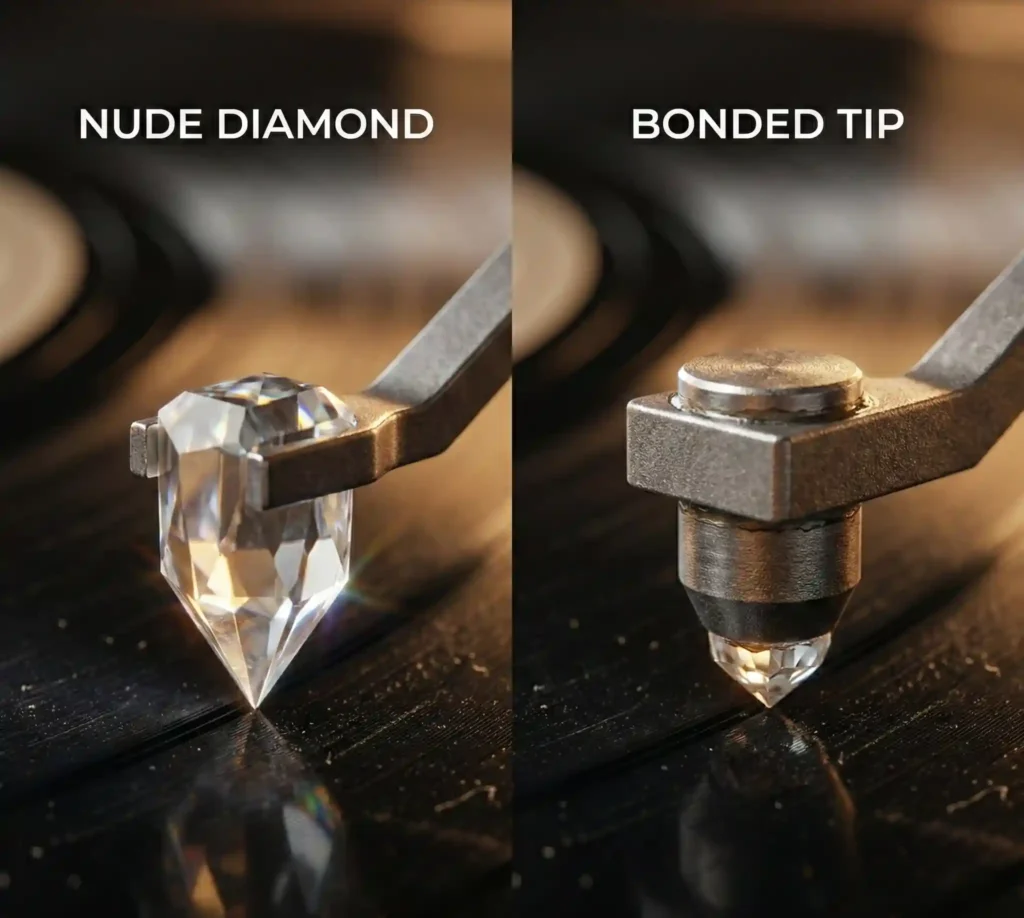 Anatomie du stylet de platine vinyle : cellule, cantilever et pointe de diamant — montages nude vs bonded