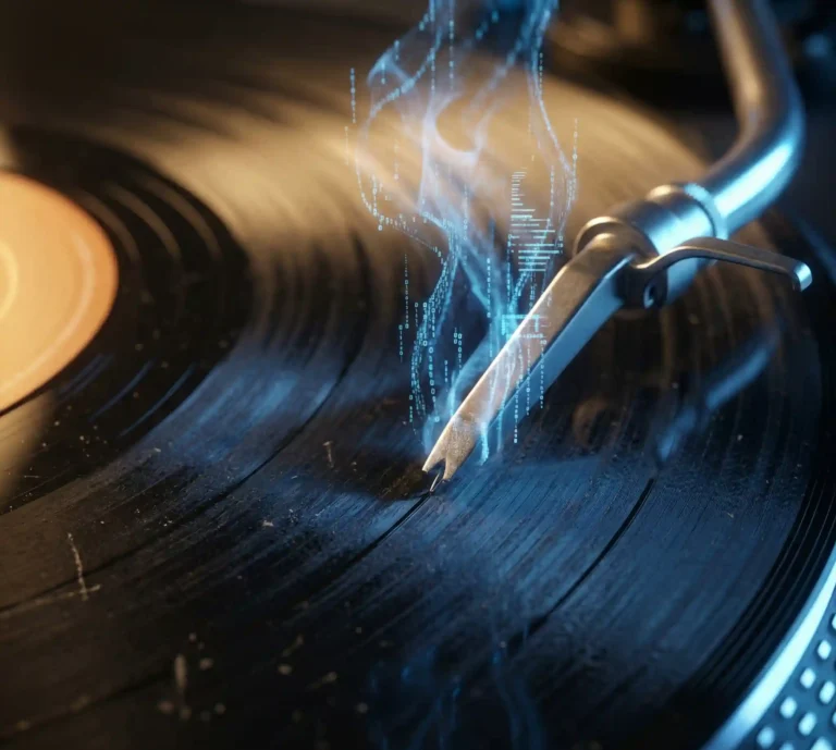 Illustration d'une cellule phono de platine Bluetooth avec flux de données binaires symbolisant la conversion sans fil