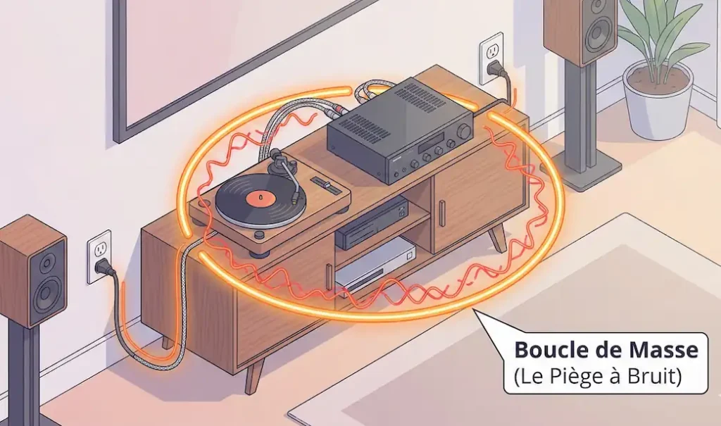 Schéma illustrant une boucle de masse entre une platine et un amplificateur Hi-Fi