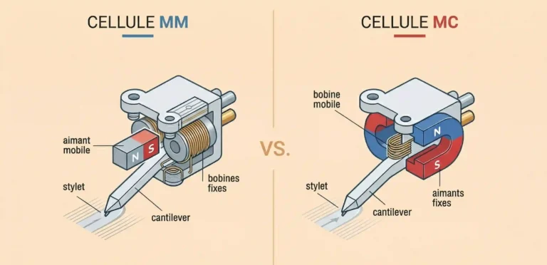 Schéma comparatif cellule MM à aimant mobile versus cellule MC à bobine mobile avec stylet, cantilever et bobines annotés