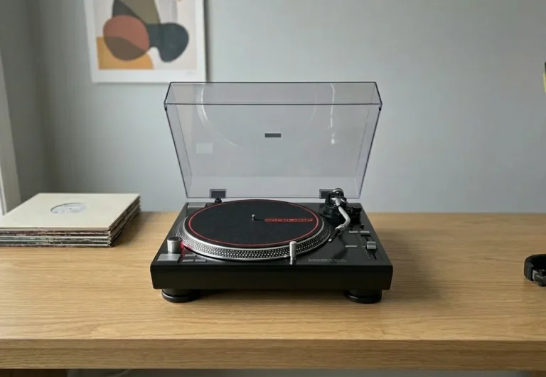 Platine vinyle DJ Reloop RP-7000 MK2 noire à entraînement direct en situation avec capot anti-poussière relevé et pile de disques