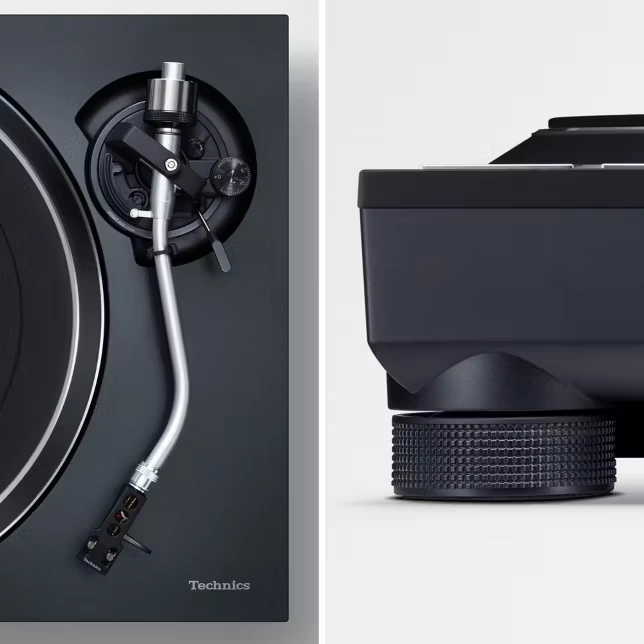 Technics SL-100C — bras en S vu du dessus et pied de la platine