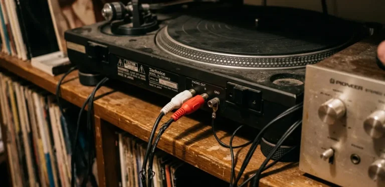 Câbles RCA blanc et rouge branchés sur les sorties PHONO OUT d'une platine vinyle, avec fil de masse vissé sur la borne GND