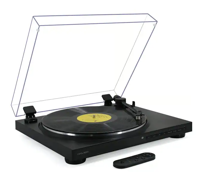 Platine vinyle full automatique CoolGeek TS-01 noire Bluetooth avec capot anti-poussière relevé et télécommande