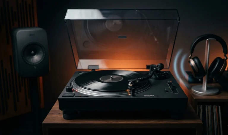 Comparatif meilleure platine vinyle Bluetooth 2026 : platine direct drive noir mat avec capot anti-poussière ouvert et vinyle sur le plateau, encadrée d'une enceinte connectée à gauche et d'un casque Bluetooth premium à droite recevant des ondes sans fil dans un salon hi-fi tamisé