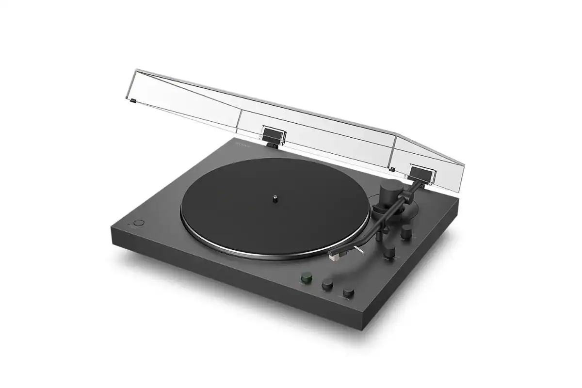 Sony PS-LX3BT vue de trois-quarts montrant le design gris foncé et l'effet floating body