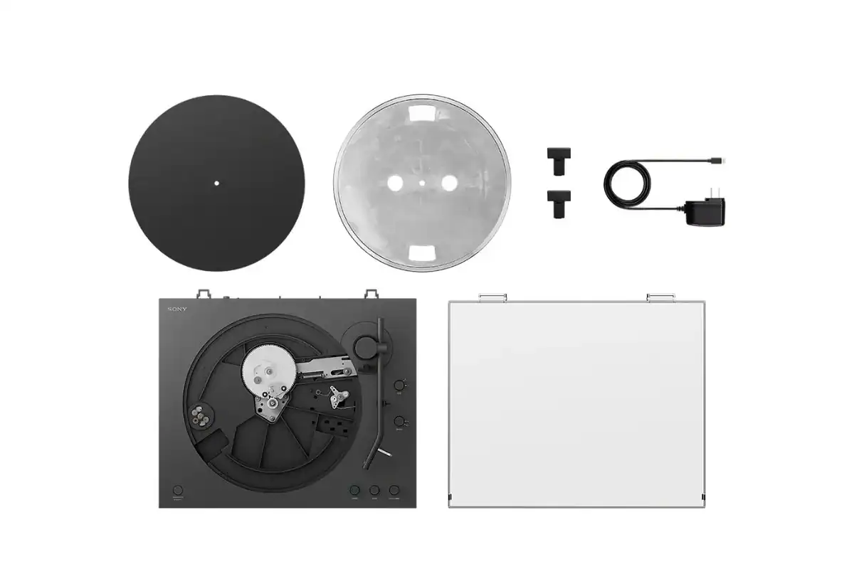 Contenu de la boîte Sony PS-LX3BT : platine, capot, feutrine, adaptateur 45 tours, alimentation et brosse antistatique