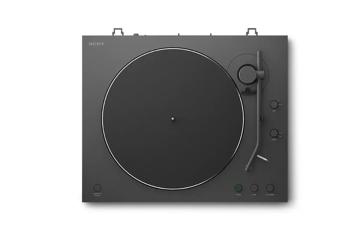 Sony PS-LX3BT vue de dessus montrant le plateau aluminium 296 mm et le bras de lecture droit