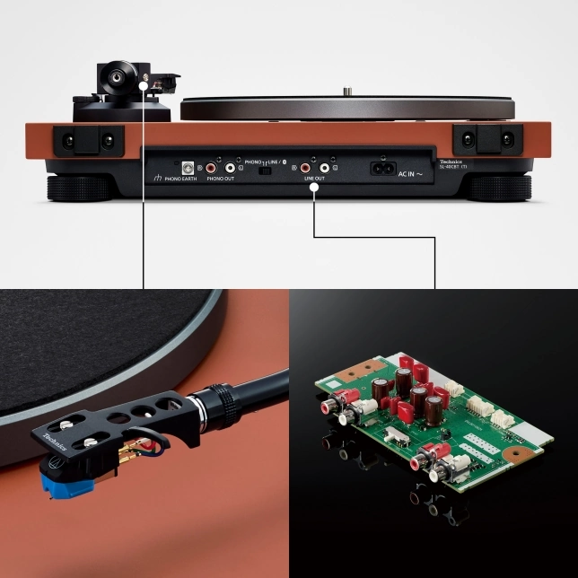 Bras de lecture en S de la Technics SL-40CBT avec cellule Audio-Technica AT-VM95C et sorties RCA arrière