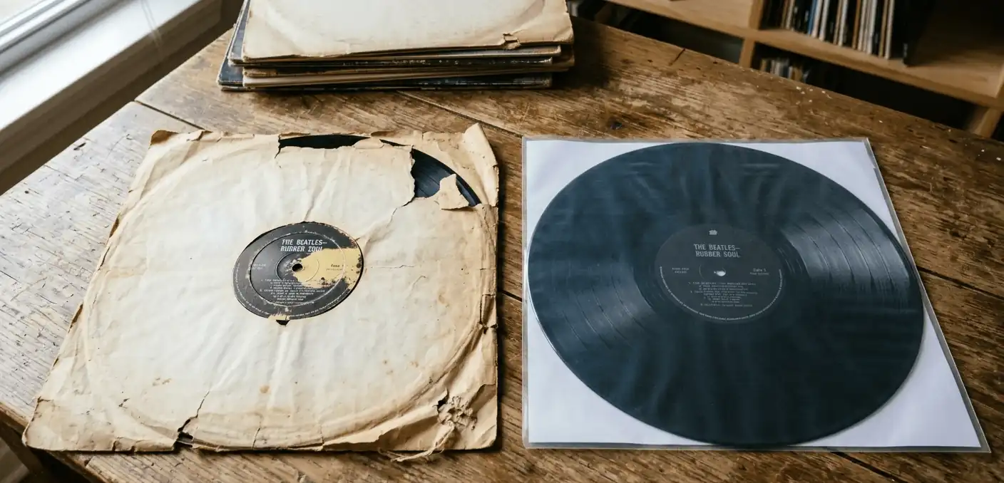 Comparaison entre une vieille pochette intérieure en papier jauni et déchirée et une pochette antistatique neuve protégeant un vinyle