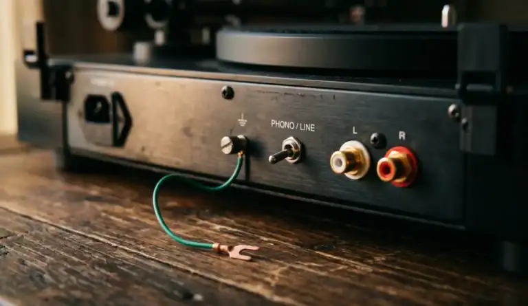 Gros plan sur l'arrière d'une platine vinyle avec sélecteur Phono/Line, sorties RCA rouge et blanche et câble de masse branché
