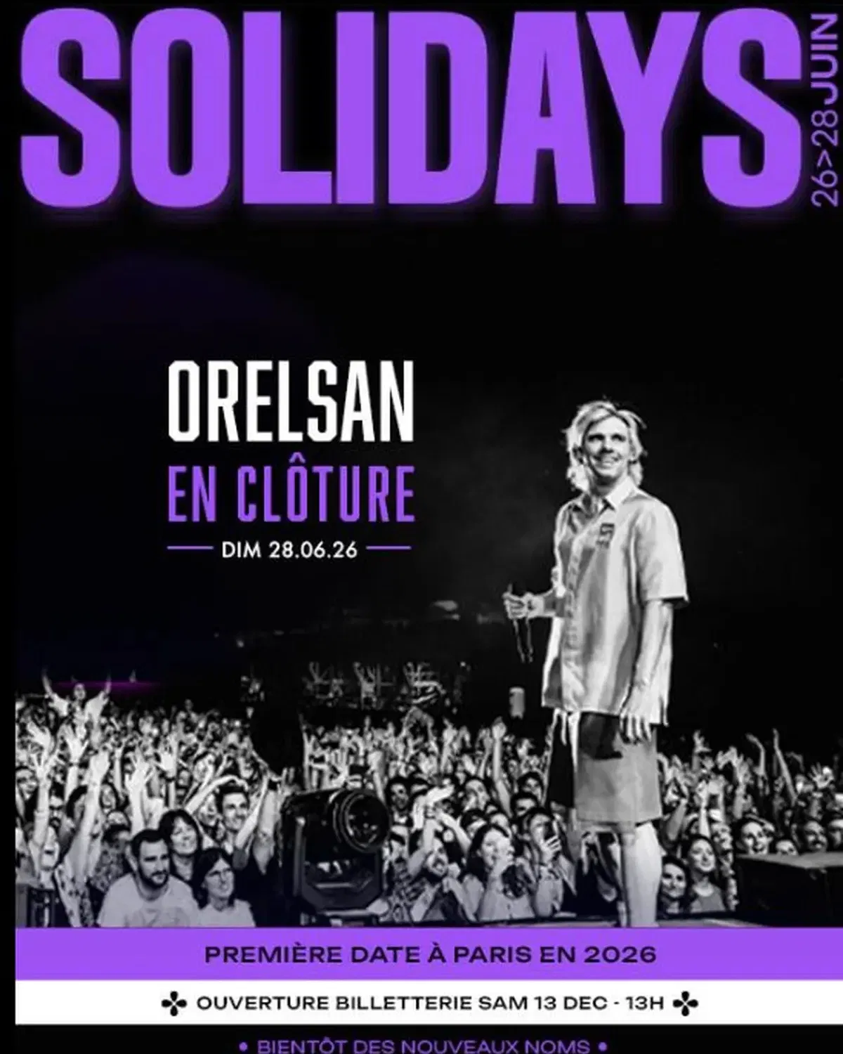 Affiche officielle Solidays 2026 — Orelsan en clôture du festival le dimanche 28 juin à Paris-Longchamp