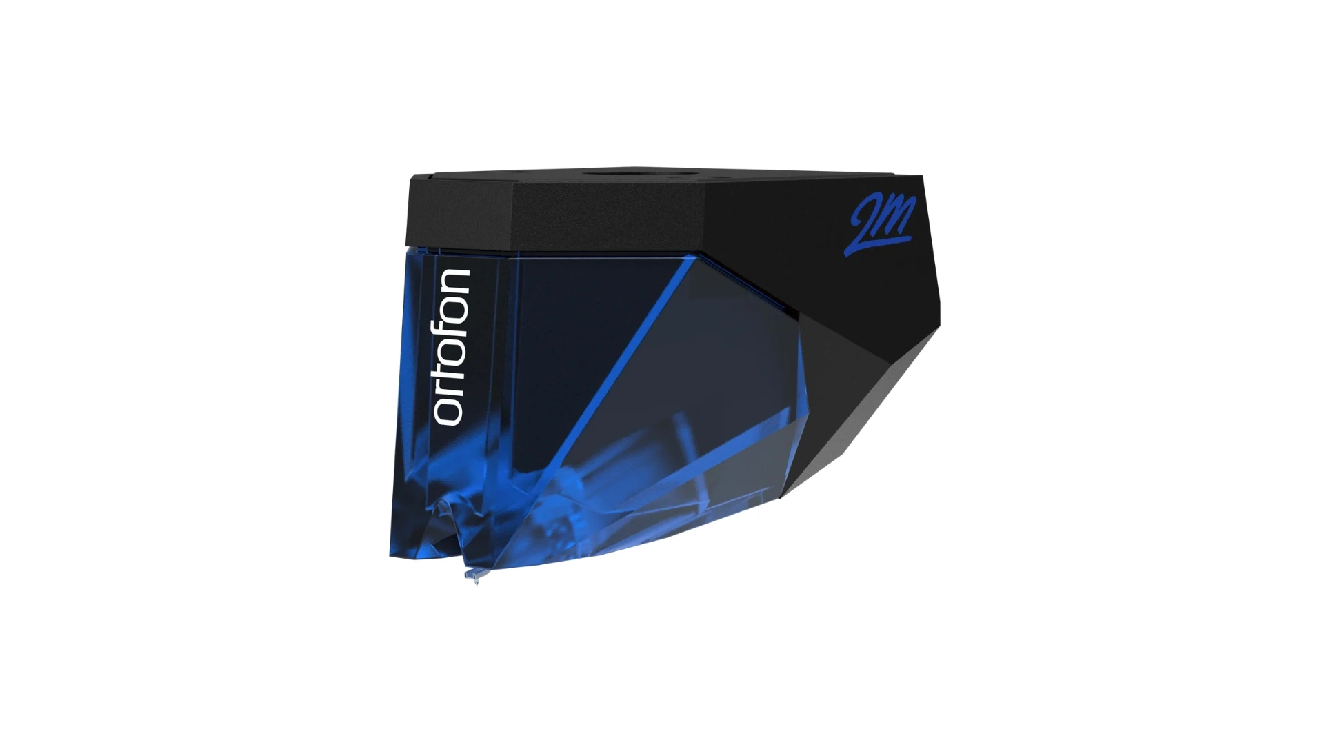Cellule Ortofon 2M Blue vue trois-quarts, corps bleu et noir