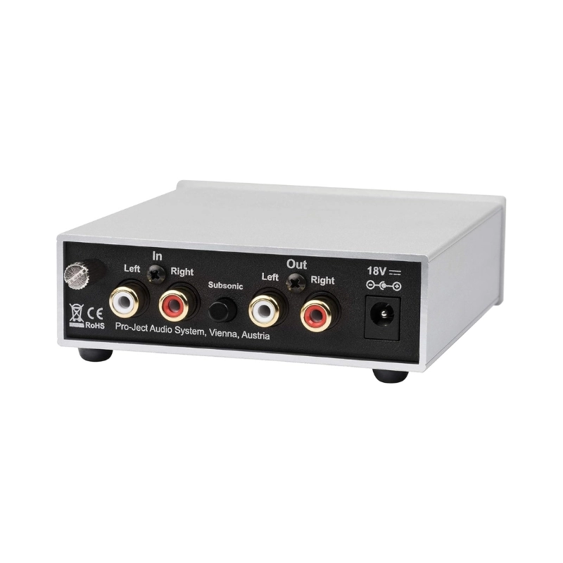 Pro-Ject Phono Box S2 vue arrière finition silver — entrées et sorties RCA stéréo, switch filtre subsonique et alimentation 18V