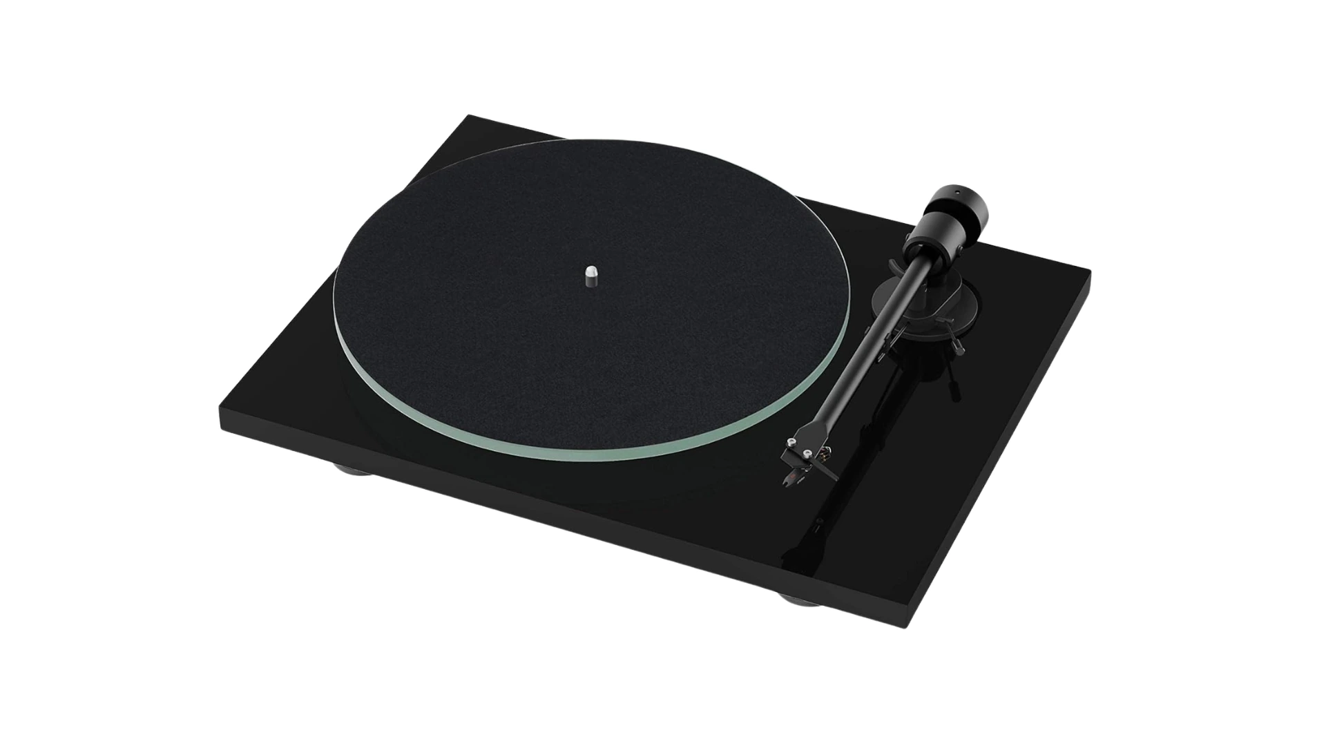 Pro-Ject T1 EVO BT finition noir laqué vue trois-quarts avec plateau verre, bras aluminium et cellule Ortofon OM10 pré-montée