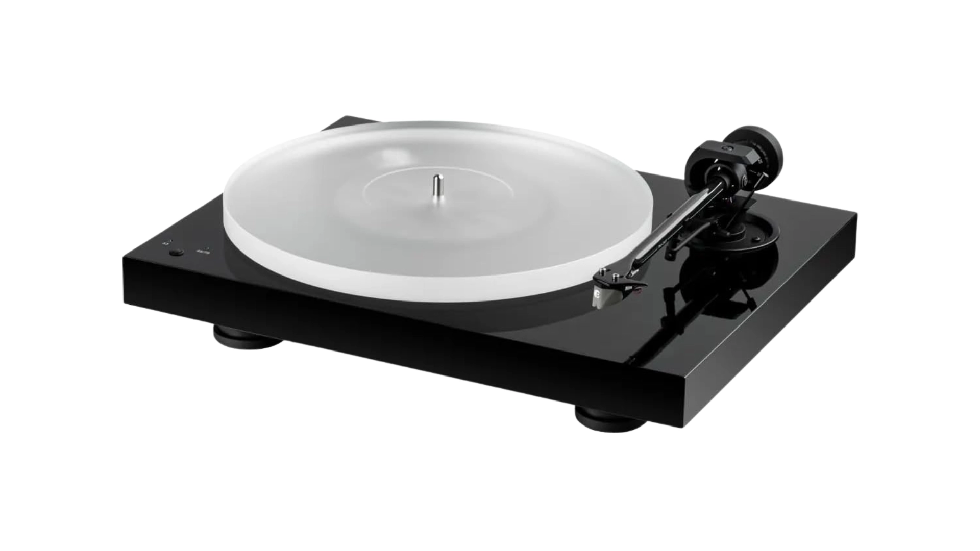 Pro-Ject X1 finition noir laqué vue trois-quarts avec plateau acrylique translucide, bras carbone monocoque et cellule Sumiko pré-montée