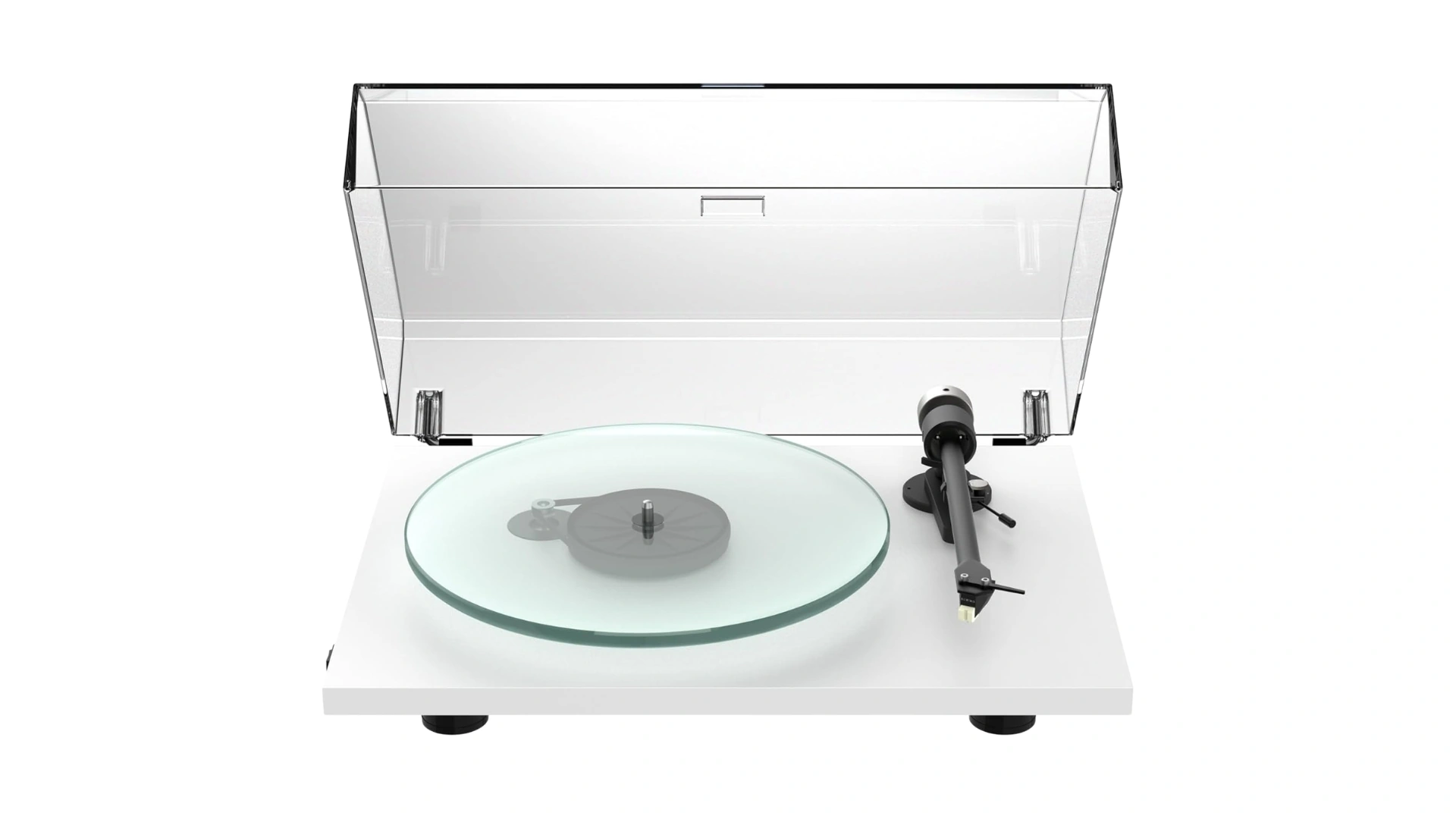 Pro-Ject T2 W vue de face — première platine Wi-Fi UPnP de la marque, finition blanc laqué avec capot anti-poussière relevé, plateau verre et bras aluminium