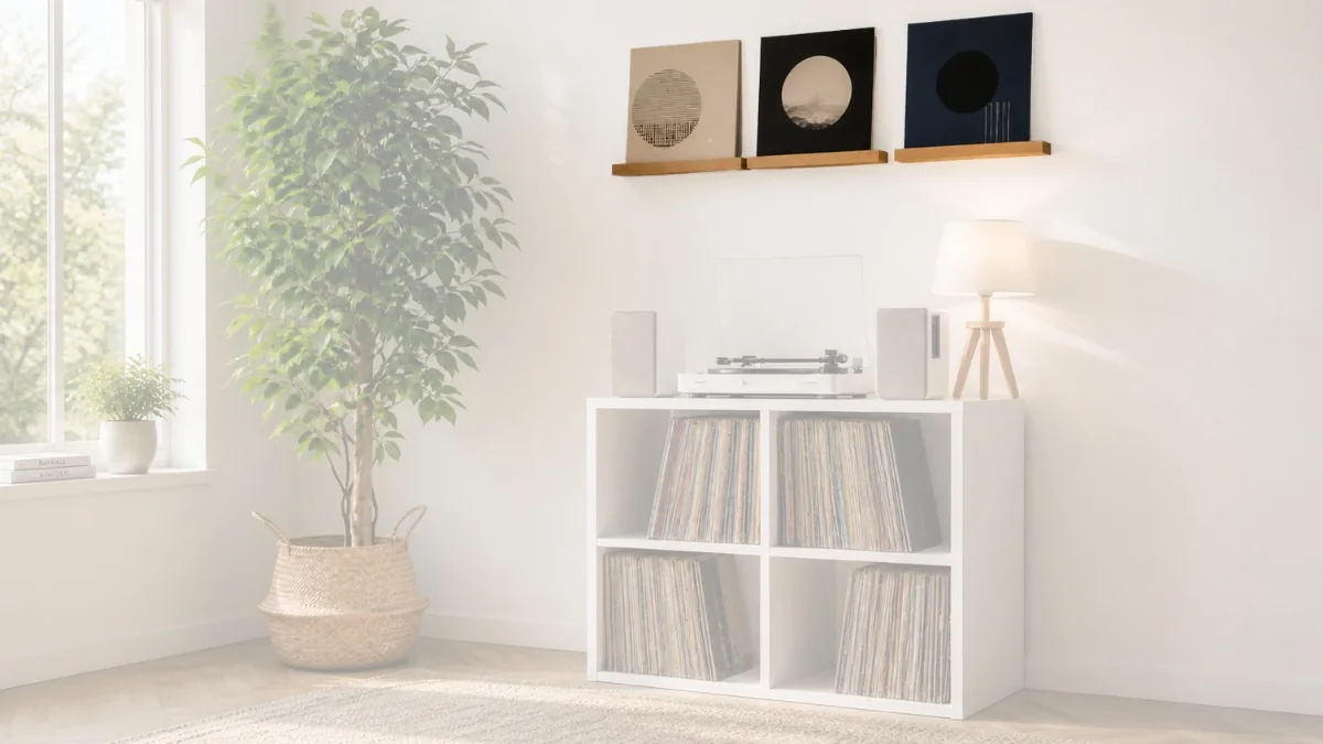 Trois disques vinyles affichés au mur avec supports muraux discrets dans un coin vinyle scandi