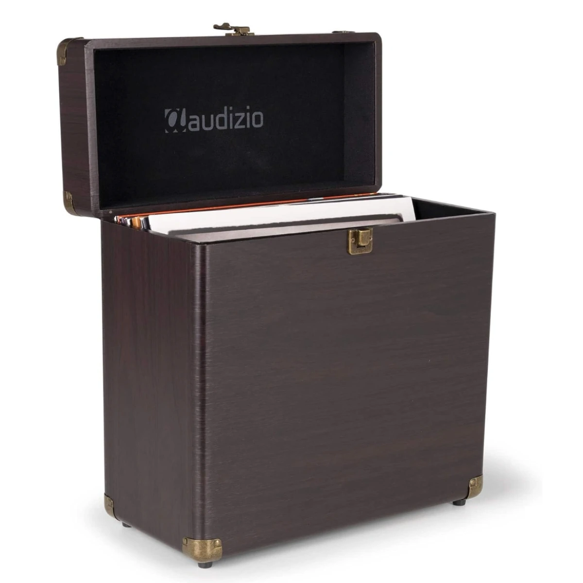 Audizio RC32 — mallette de rangement vinyle finition noyer, coins renforcés laiton, capacité 30 à 35 disques 33 tours, poignée cuir noir