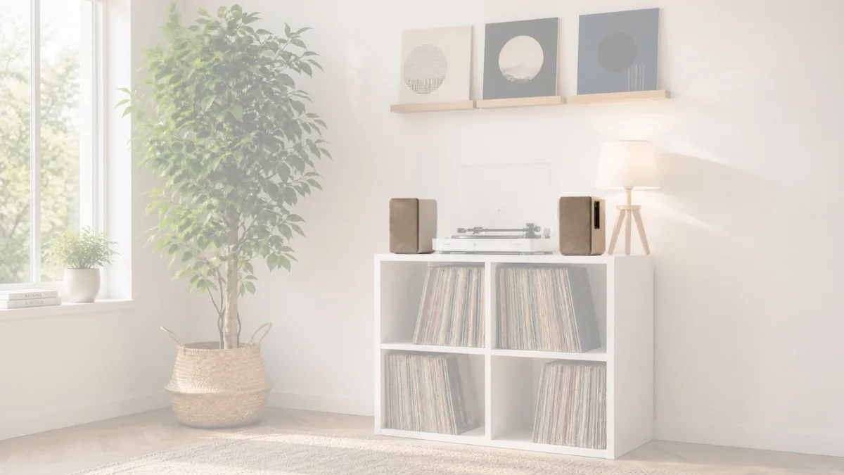 Enceintes amplifiées Edifier R1280DB blanches dans un setup vinyle scandi cosy
