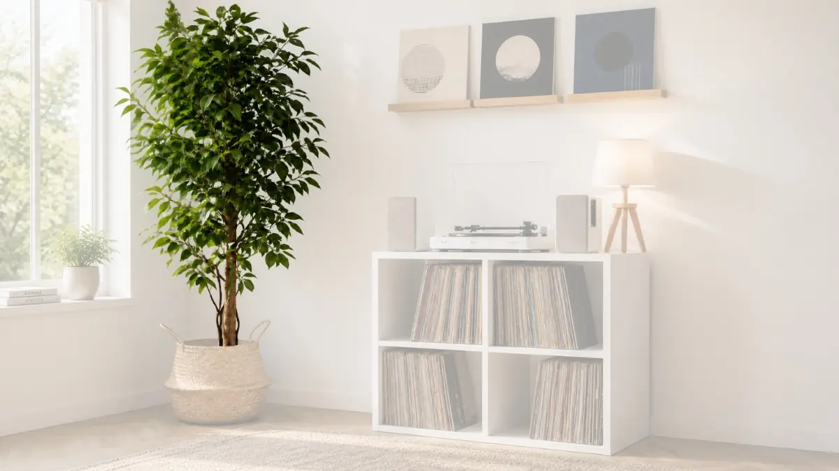 Ficus artificiel de 120 cm dans un panier en osier tressé apportant une touche végétale au coin vinyle