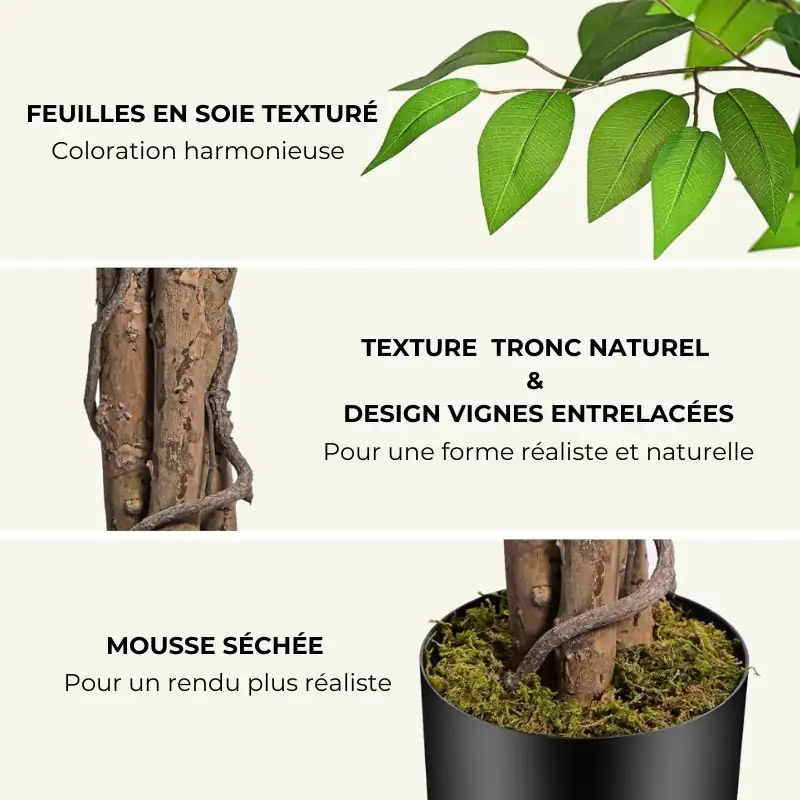 Faux ficus 120 cm vue rapprochée des feuilles texturées imitant un ficus lyrata