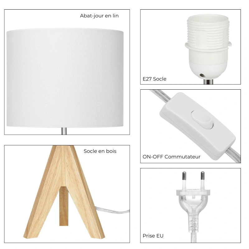 Lampe à poser bois clair allumée diffusant une lumière chaude tamisée