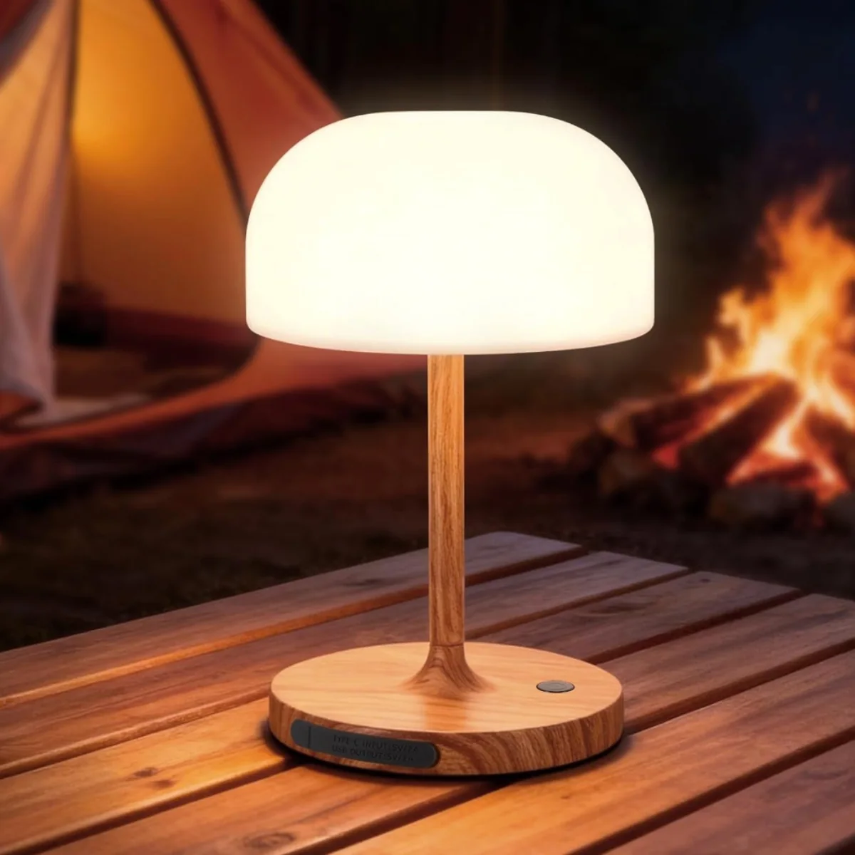 Lampe d'appoint champignon LED rechargeable USB-C, base bois clair, globe opaline blanc, intensité dimmable, température 2700 K