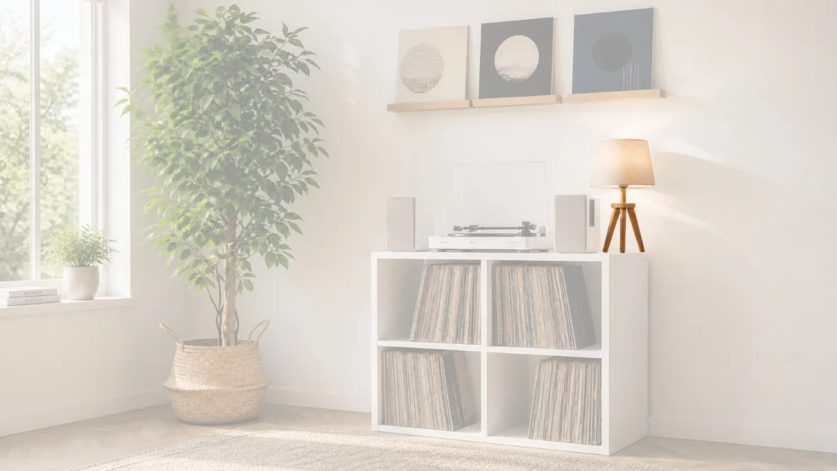 Lampe à poser en bois clair avec abat-jour beige posée près d'une platine vinyle