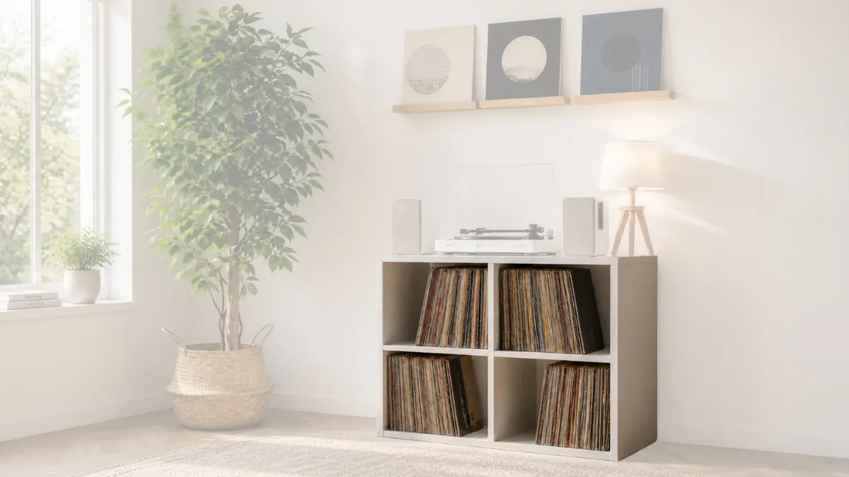 Étagère vinyle blanche 4 compartiments dédiée au stockage des disques 33 tours