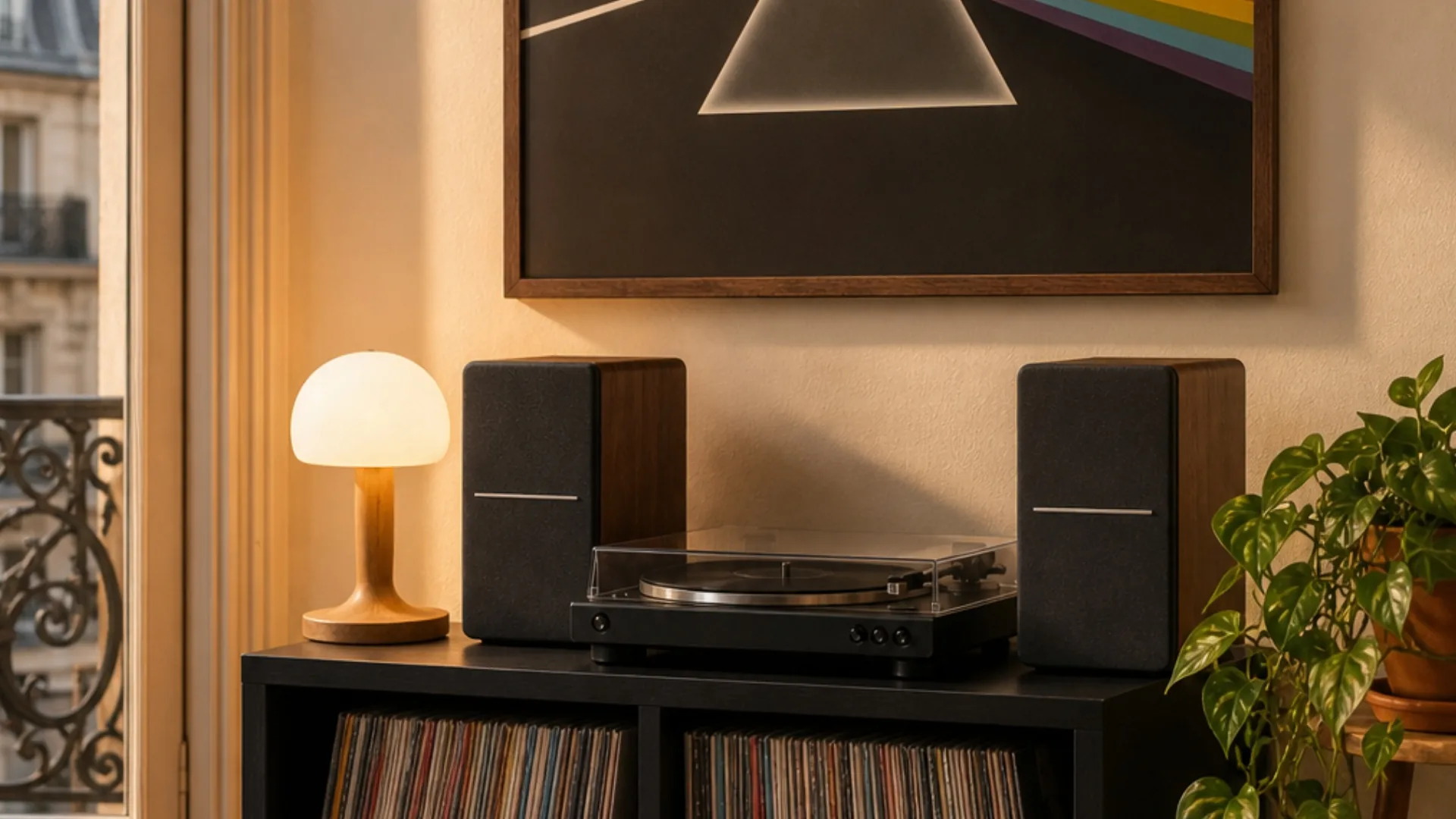 Coin vinyle complet avec étagère 4 compartiments noire, platine vinyle automatique, paire d'enceintes amplifiées, lampe d'appoint et pothos retombant en pot terracotta