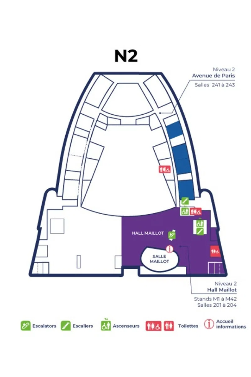 Plan Niveau 2 Palais des Congrès — Hall Maillot stands M1-M42, PAVS 2026