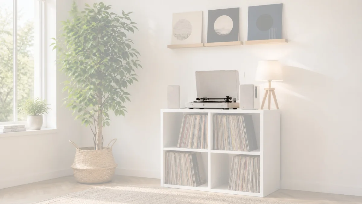 Platine Audio-Technica AT-LP3XBT blanche posée sur étagère vinyle dans un intérieur scandi clair