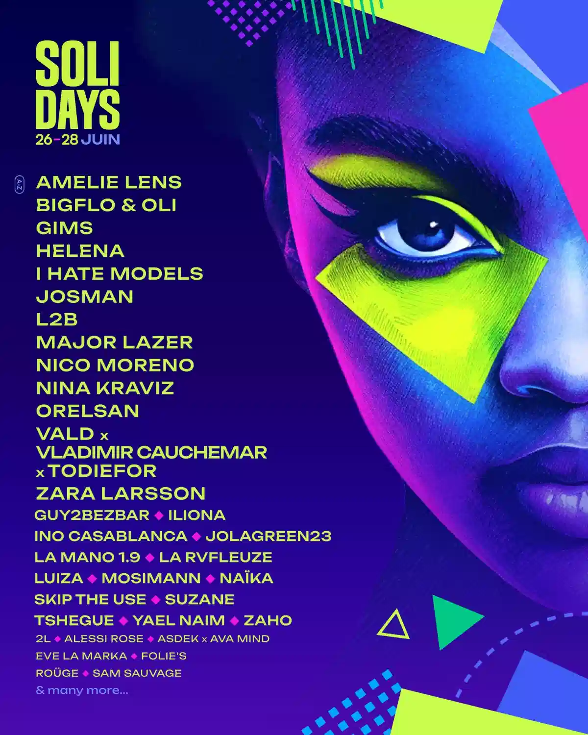 Affiche programmation Solidays 2026 — Amelie Lens, Bigflo & Oli, Gims, Major Lazer, Orelsan, Vald, Zara Larsson, du 26 au 28 juin
