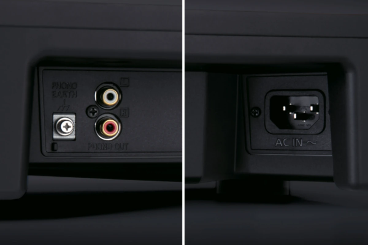 Connectique arrière de la Technics SL-1210 MK7 avec sorties RCA PHONO L/R, vis de masse Phono Earth et prise d'alimentation AC IN secteur détachable
