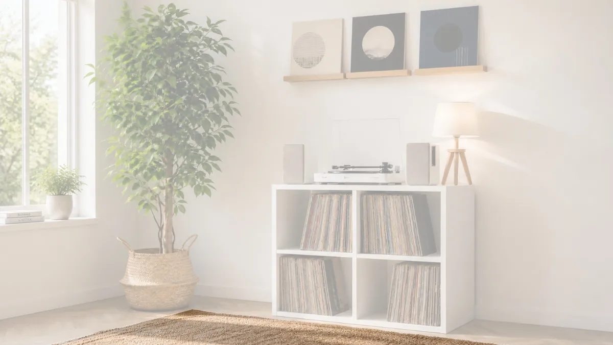 Tapis jute écru taupe 140 par 200 cm sous un setup vinyle dans une pièce scandi cosy