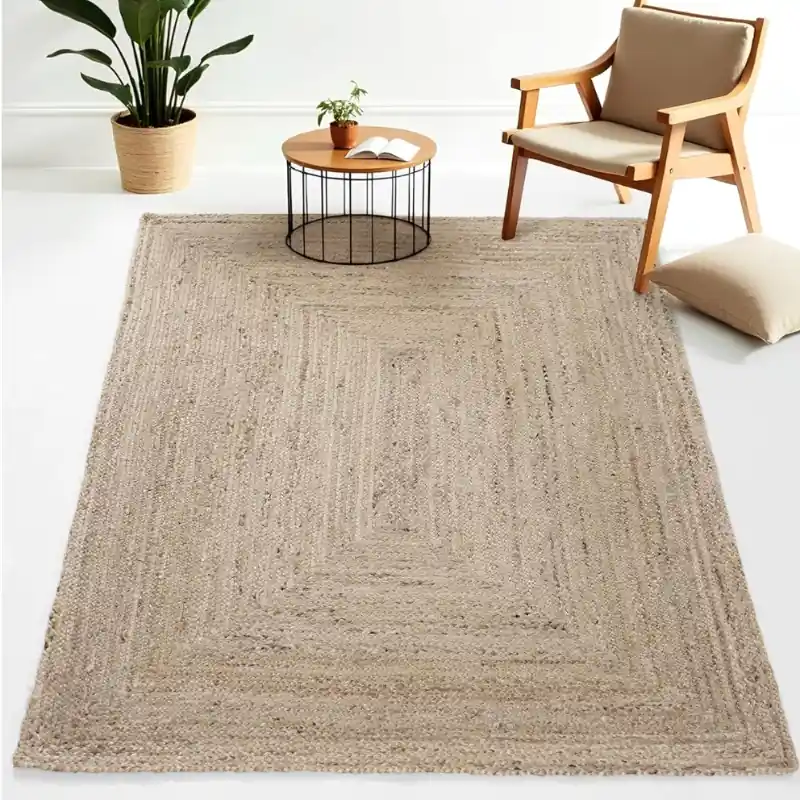 Tapis en jute naturel tressé dimensions 140 par 200 cm coloris écru taupe
