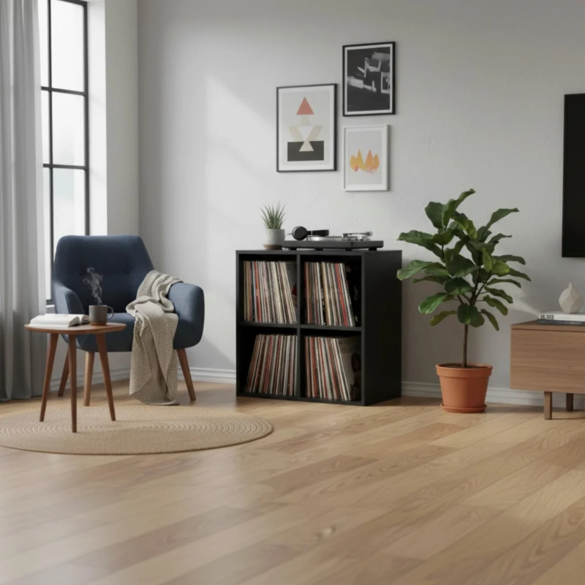 Étagère vinyle VDD 4 compartiments noire — meuble dédié au rangement des disques 33 tours, cases utiles 33 par 33 par 33 centimètres