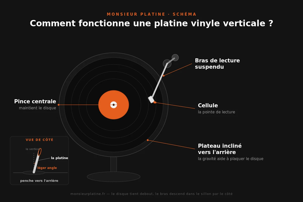 Schéma d'une platine vinyle verticale : disque debout, pince centrale et bras suspendu